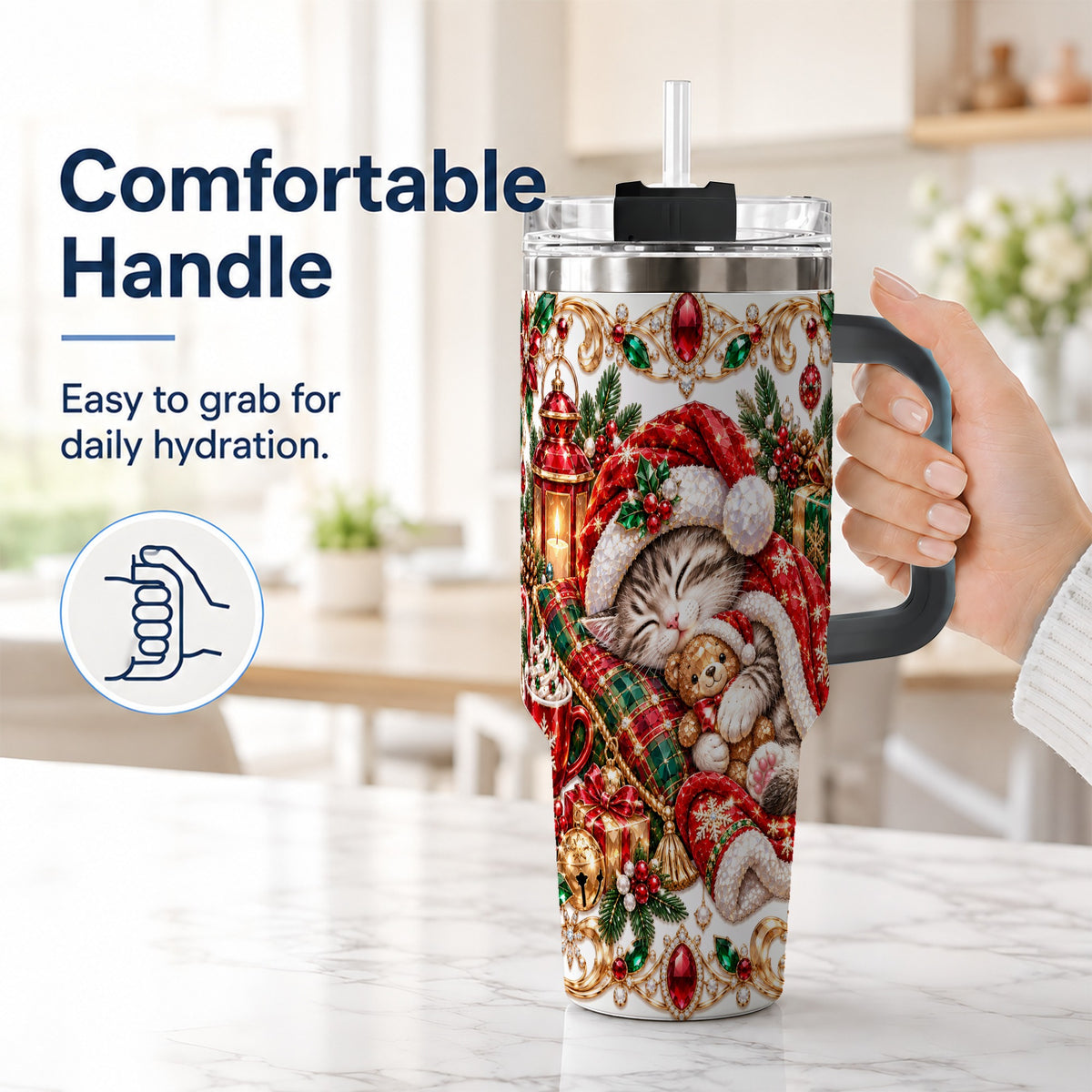 #pl[40oz|Black] Ornate Christmas Cat 40oz Tumbler with Handle, Stainless Steel Travel Cup