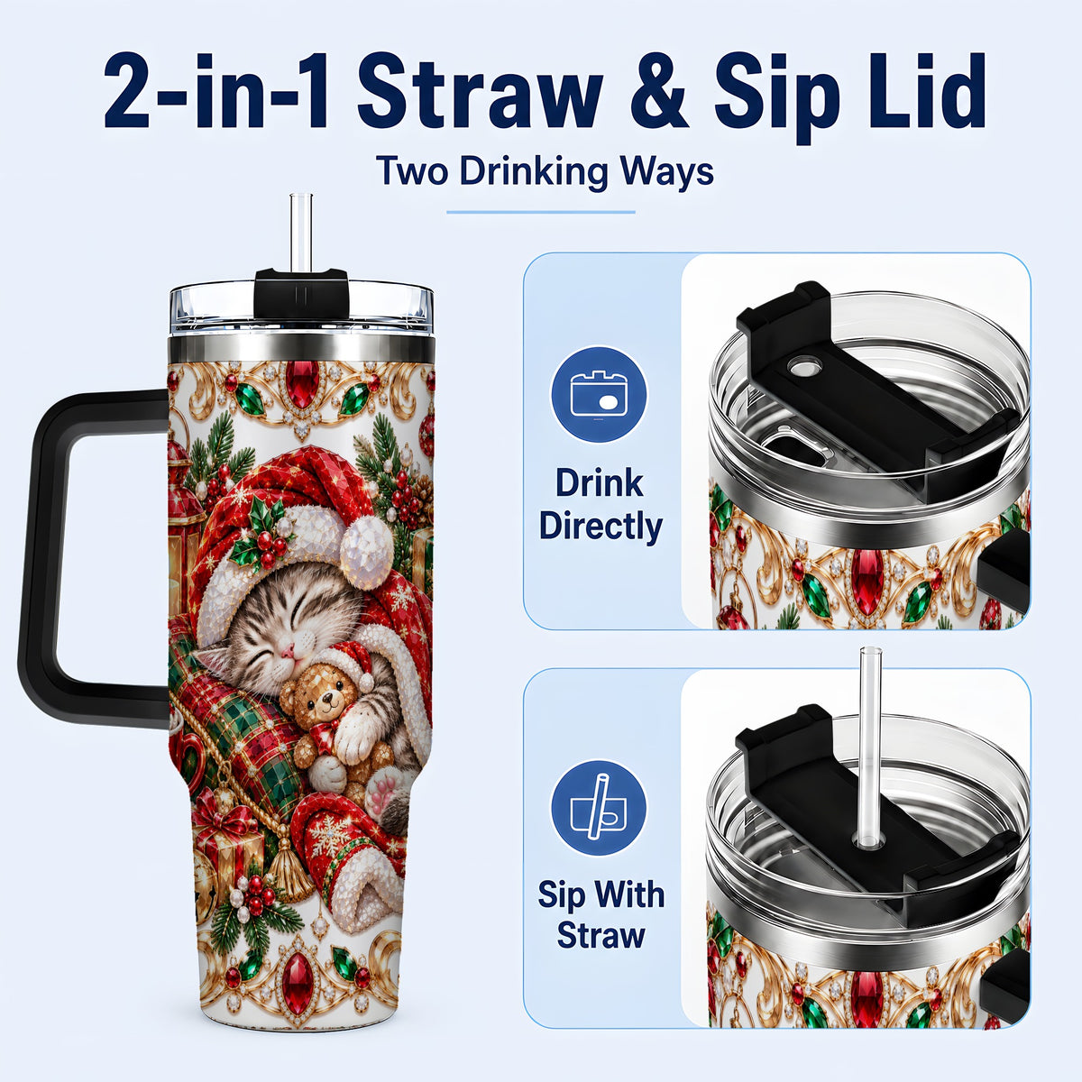 #pl[40oz|Black] Ornate Christmas Cat 40oz Tumbler with Handle, Stainless Steel Travel Cup