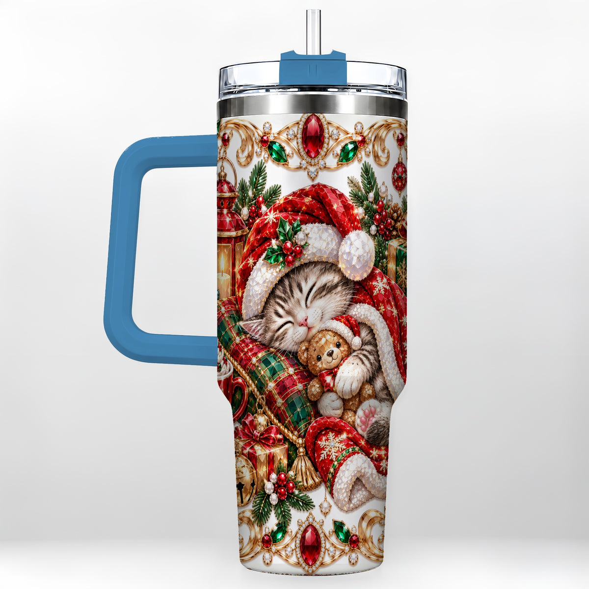 #pl[40oz|Blue] Ornate Christmas Cat 40oz Tumbler with Handle, Stainless Steel Travel Cup