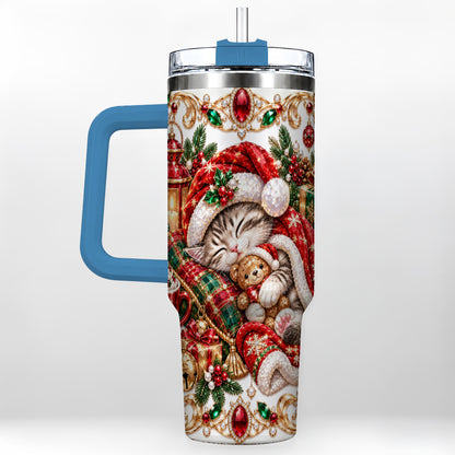 #pl[40oz|Blue] Ornate Christmas Cat 40oz Tumbler with Handle, Stainless Steel Travel Cup