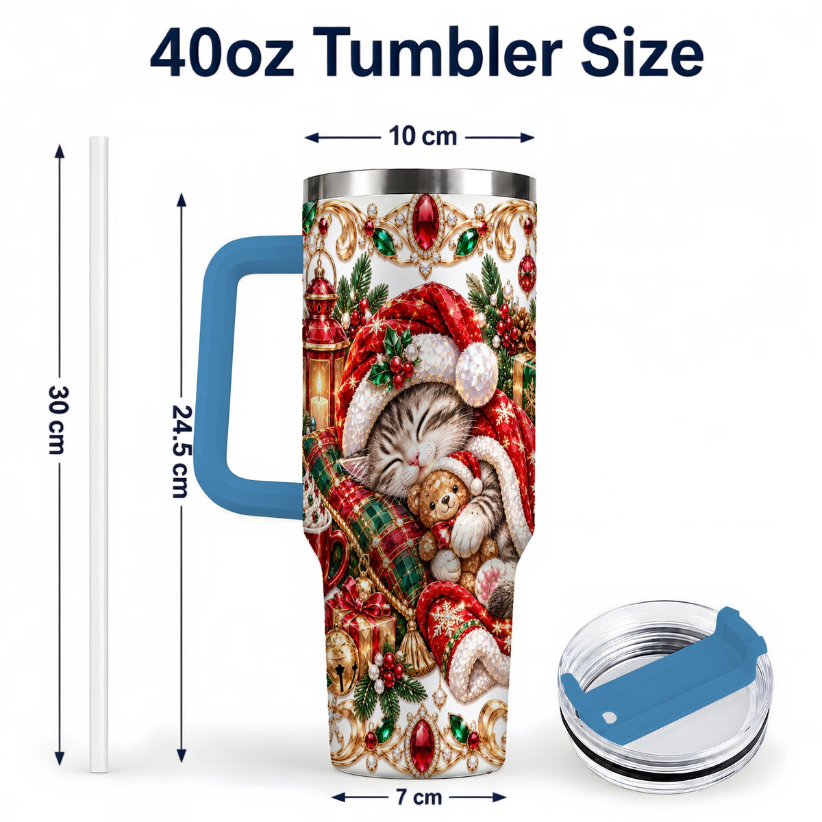 #pl[40oz|Blue] Ornate Christmas Cat 40oz Tumbler with Handle, Stainless Steel Travel Cup