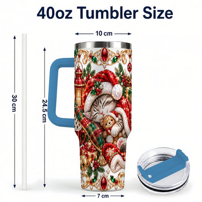 #pl[40oz|Blue] Ornate Christmas Cat 40oz Tumbler with Handle, Stainless Steel Travel Cup