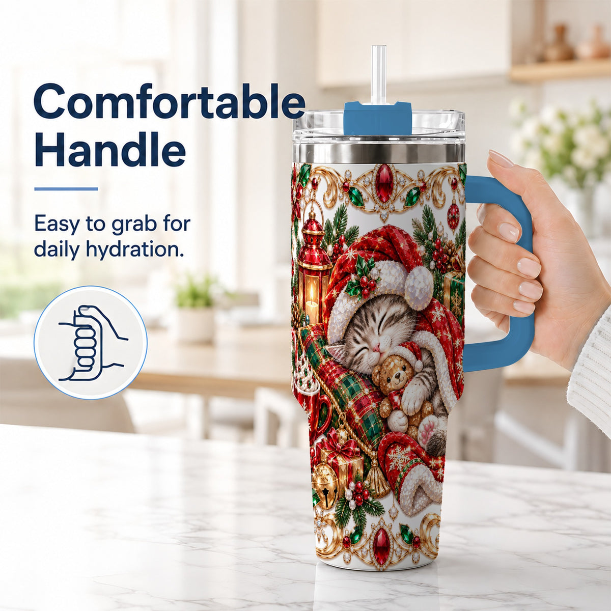 #pl[40oz|Blue] Ornate Christmas Cat 40oz Tumbler with Handle, Stainless Steel Travel Cup
