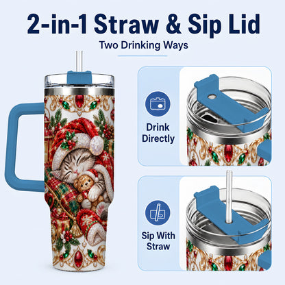 #pl[40oz|Blue] Ornate Christmas Cat 40oz Tumbler with Handle, Stainless Steel Travel Cup