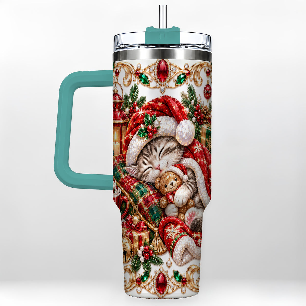 #pl[40oz|Green] Ornate Christmas Cat 40oz Tumbler with Handle, Stainless Steel Travel Cup