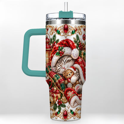 #pl[40oz|Green] Ornate Christmas Cat 40oz Tumbler with Handle, Stainless Steel Travel Cup