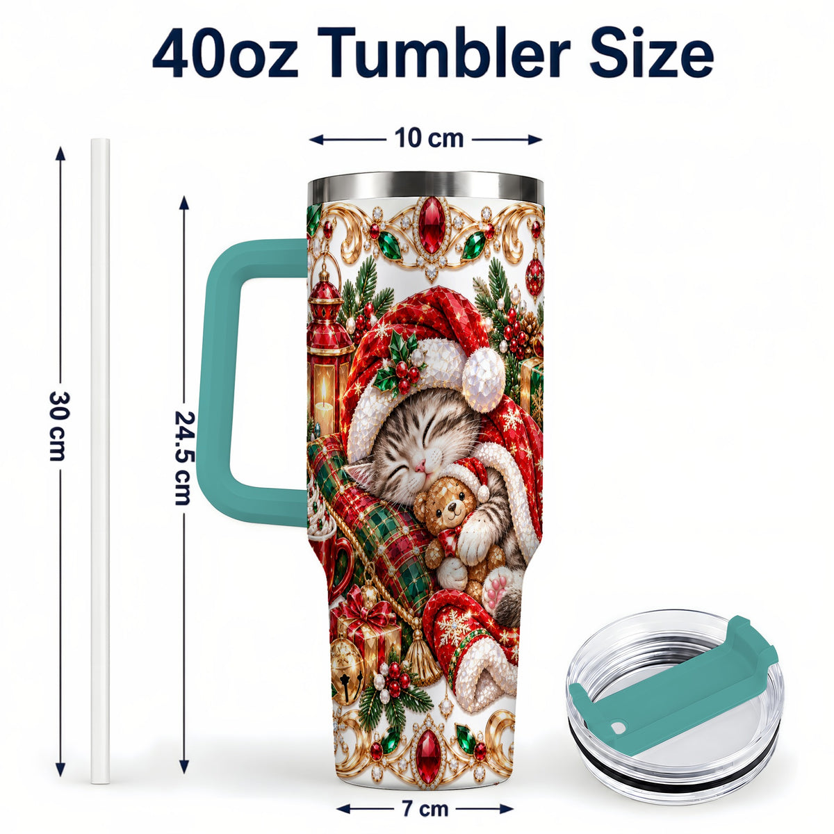 #pl[40oz|Green] Ornate Christmas Cat 40oz Tumbler with Handle, Stainless Steel Travel Cup