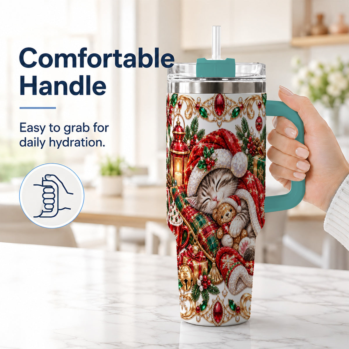 #pl[40oz|Green] Ornate Christmas Cat 40oz Tumbler with Handle, Stainless Steel Travel Cup
