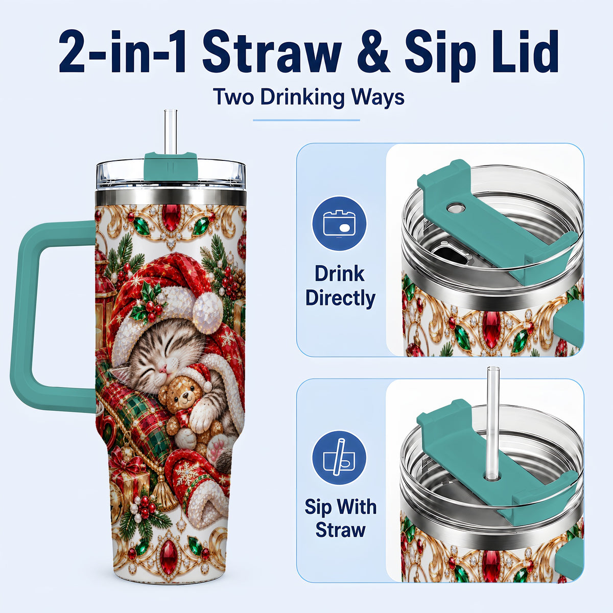 #pl[40oz|Green] Ornate Christmas Cat 40oz Tumbler with Handle, Stainless Steel Travel Cup