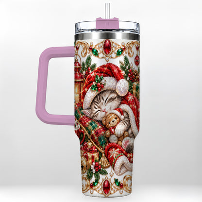 #pl[40oz|Pink] Ornate Christmas Cat 40oz Tumbler with Handle, Stainless Steel Travel Cup