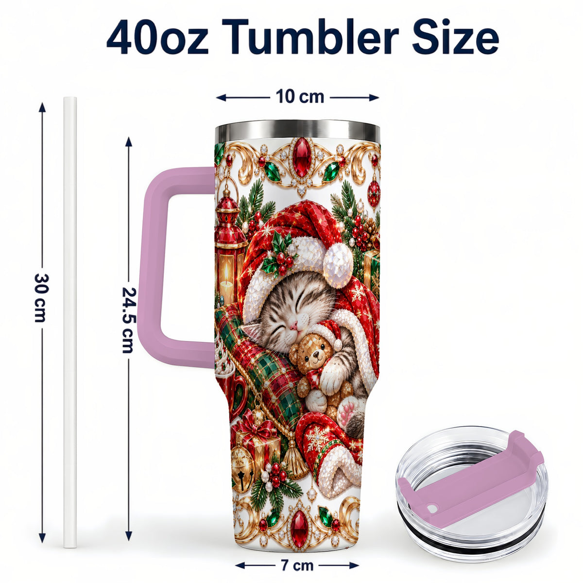 #pl[40oz|Pink] Ornate Christmas Cat 40oz Tumbler with Handle, Stainless Steel Travel Cup