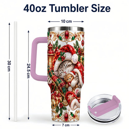 #pl[40oz|Pink] Ornate Christmas Cat 40oz Tumbler with Handle, Stainless Steel Travel Cup