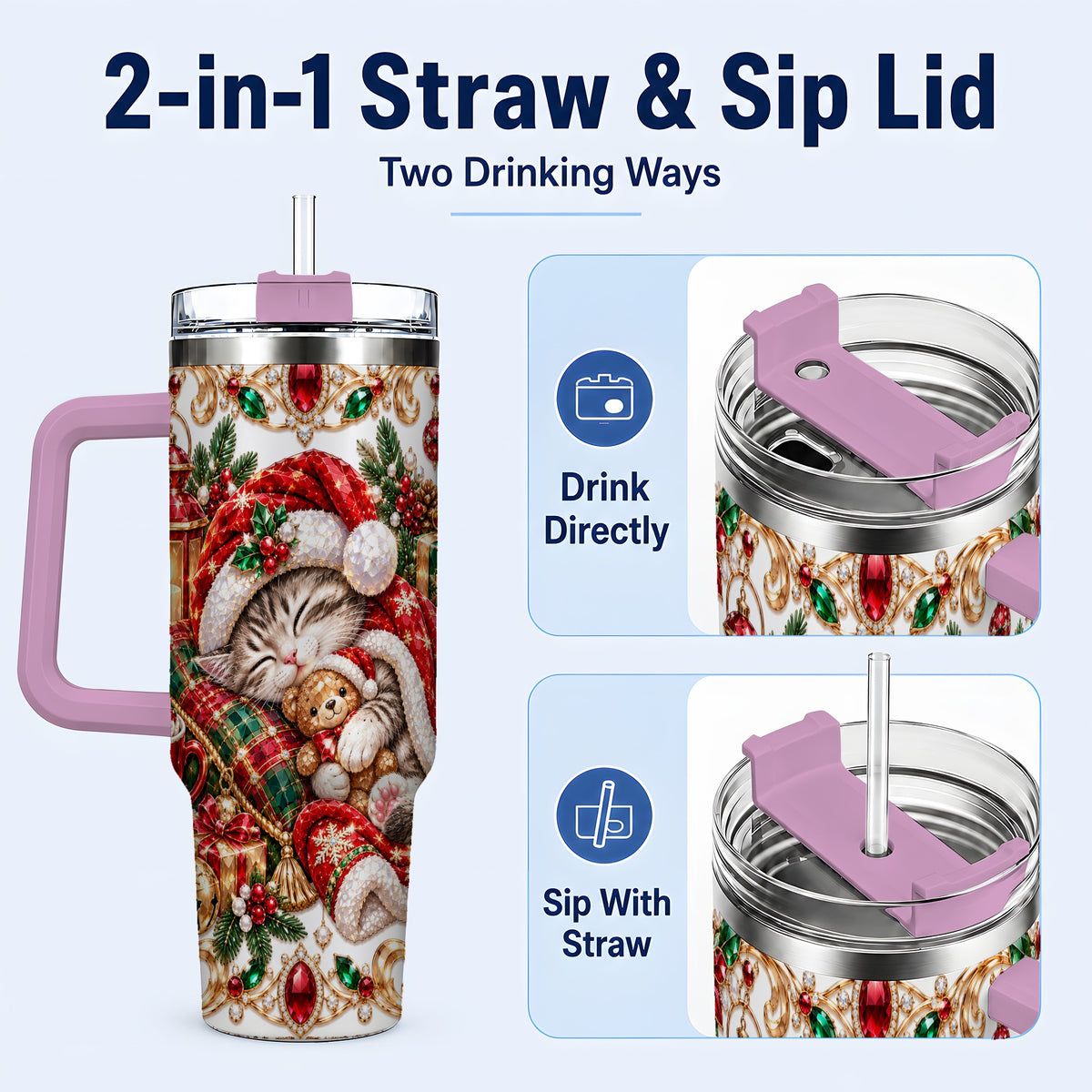 #pl[40oz|Pink] Ornate Christmas Cat 40oz Tumbler with Handle, Stainless Steel Travel Cup