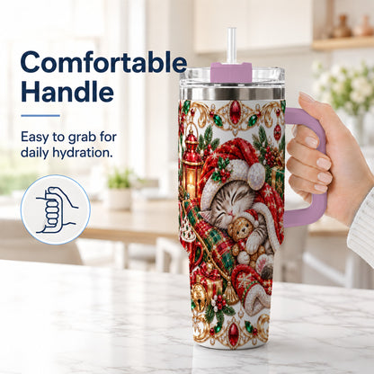 #pl[40oz|Pink] Ornate Christmas Cat 40oz Tumbler with Handle, Stainless Steel Travel Cup