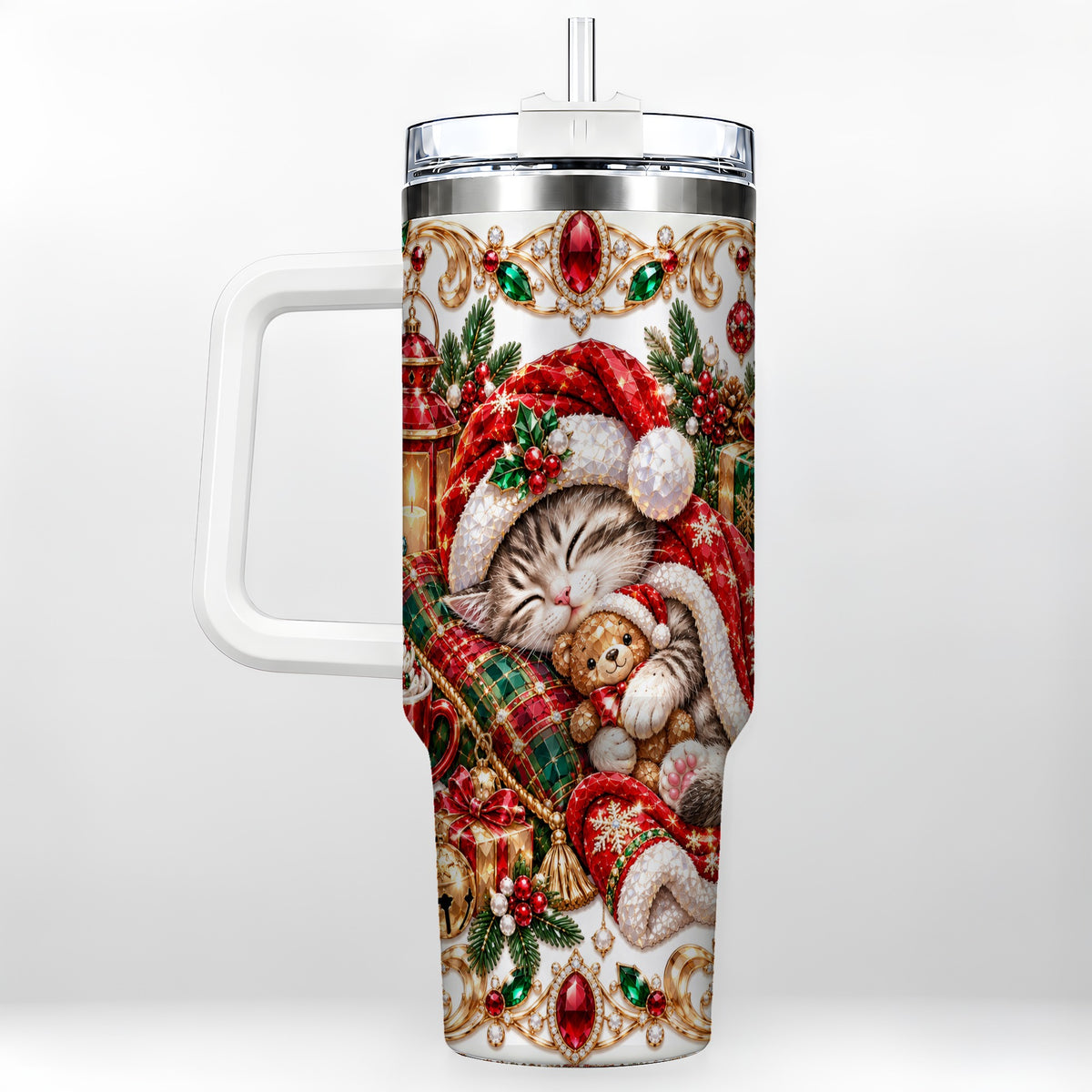Ornate Christmas Cat 40oz Tumbler with Handle, Stainless Steel Travel Cup