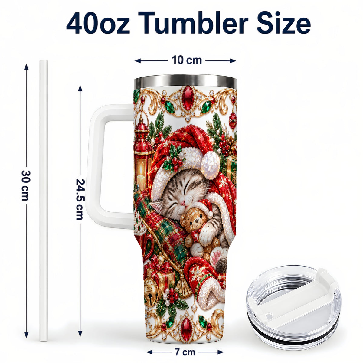 #pl[40oz|White] Ornate Christmas Cat 40oz Tumbler with Handle, Stainless Steel Travel Cup