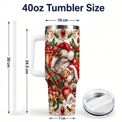 #pl[40oz|White] Ornate Christmas Cat 40oz Tumbler with Handle, Stainless Steel Travel Cup