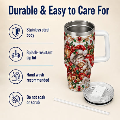 Ornate Christmas Cat 40oz Tumbler with Handle, Stainless Steel Travel Cup