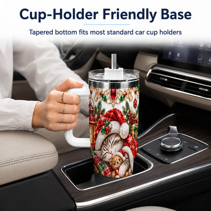 Ornate Christmas Cat 40oz Tumbler with Handle, Stainless Steel Travel Cup