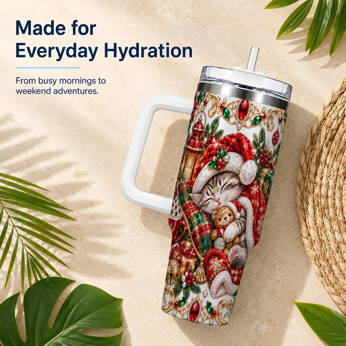 Ornate Christmas Cat 40oz Tumbler with Handle, Stainless Steel Travel Cup