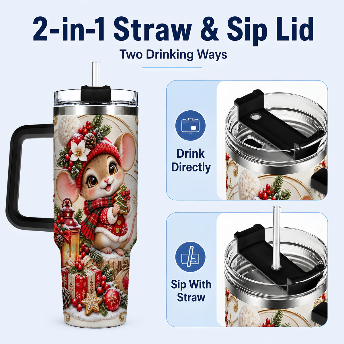 #pl[40oz|Black] Christmas Mouse 40oz Tumbler with Handle, Stainless Steel Travel Cup