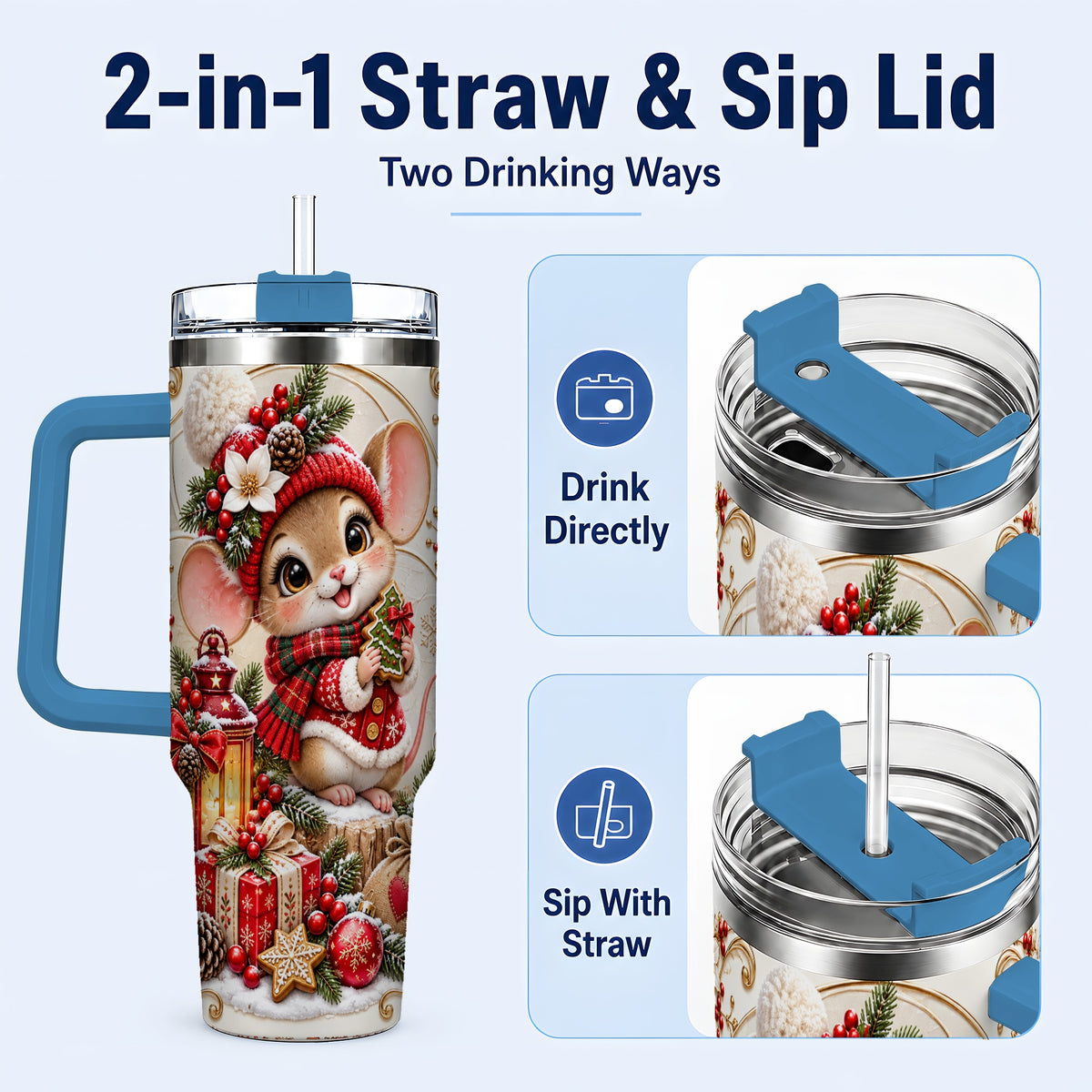 #pl[40oz|Blue] Christmas Mouse 40oz Tumbler with Handle, Stainless Steel Travel Cup