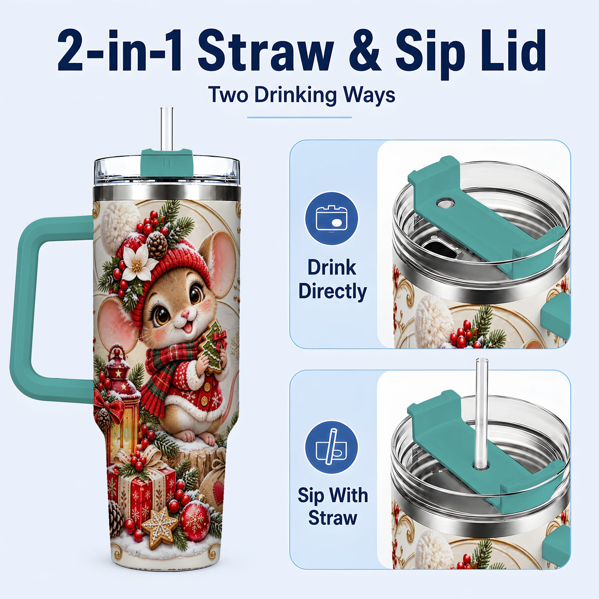 #pl[40oz|Green] Christmas Mouse 40oz Tumbler with Handle, Stainless Steel Travel Cup