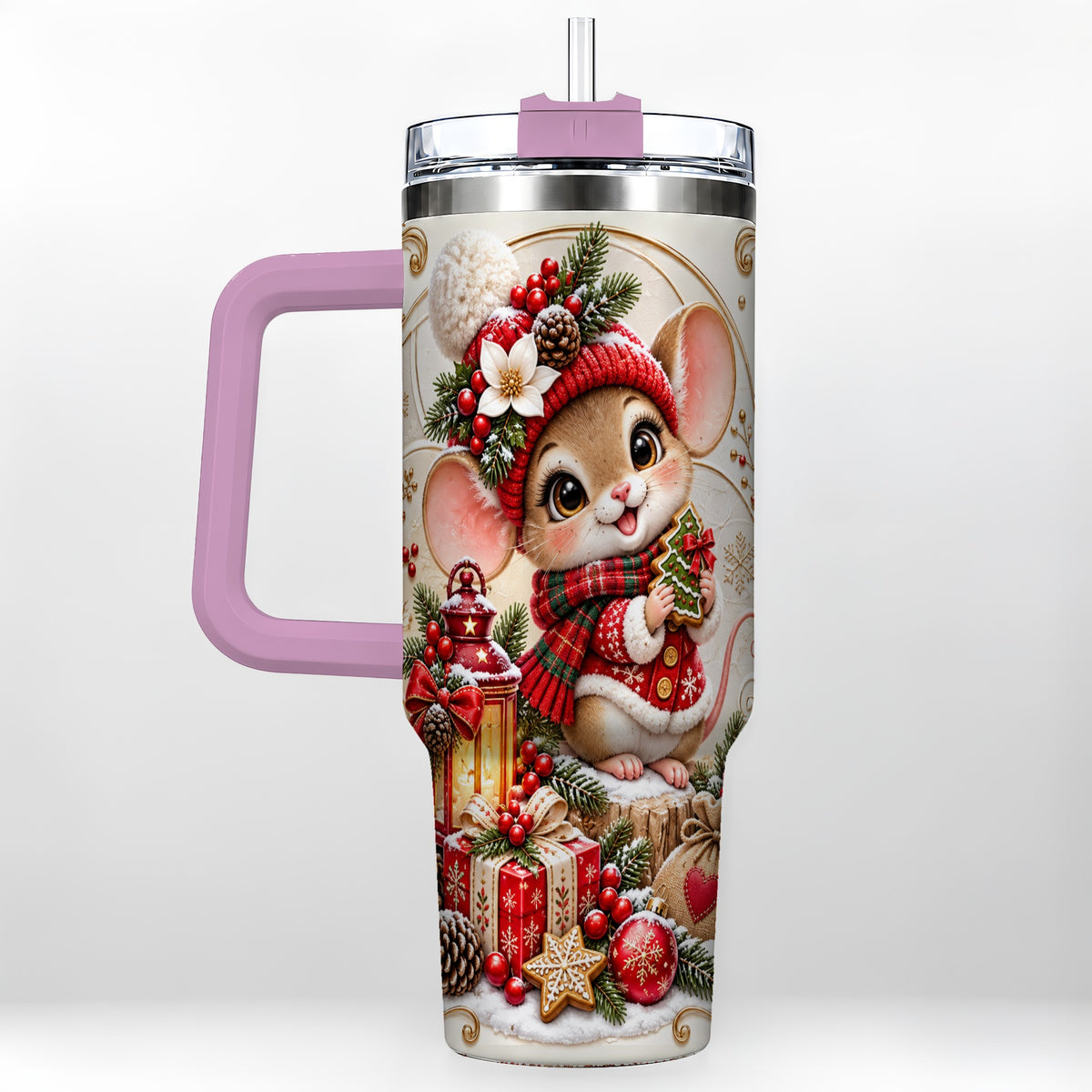 #pl[40oz|Pink] Christmas Mouse 40oz Tumbler with Handle, Stainless Steel Travel Cup