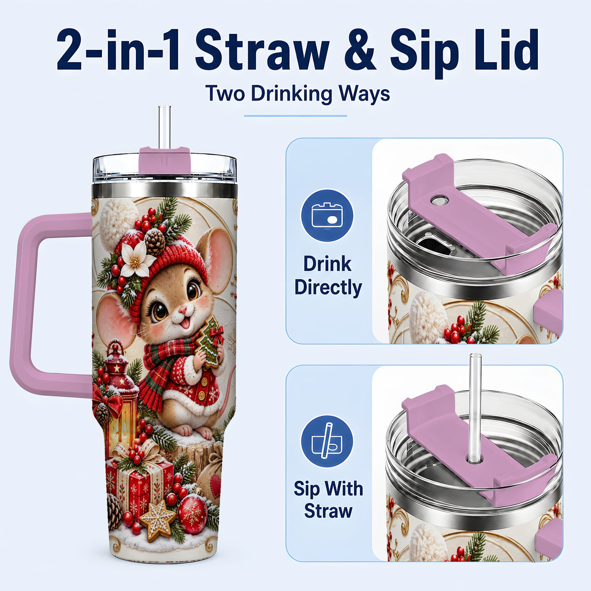 #pl[40oz|Pink] Christmas Mouse 40oz Tumbler with Handle, Stainless Steel Travel Cup