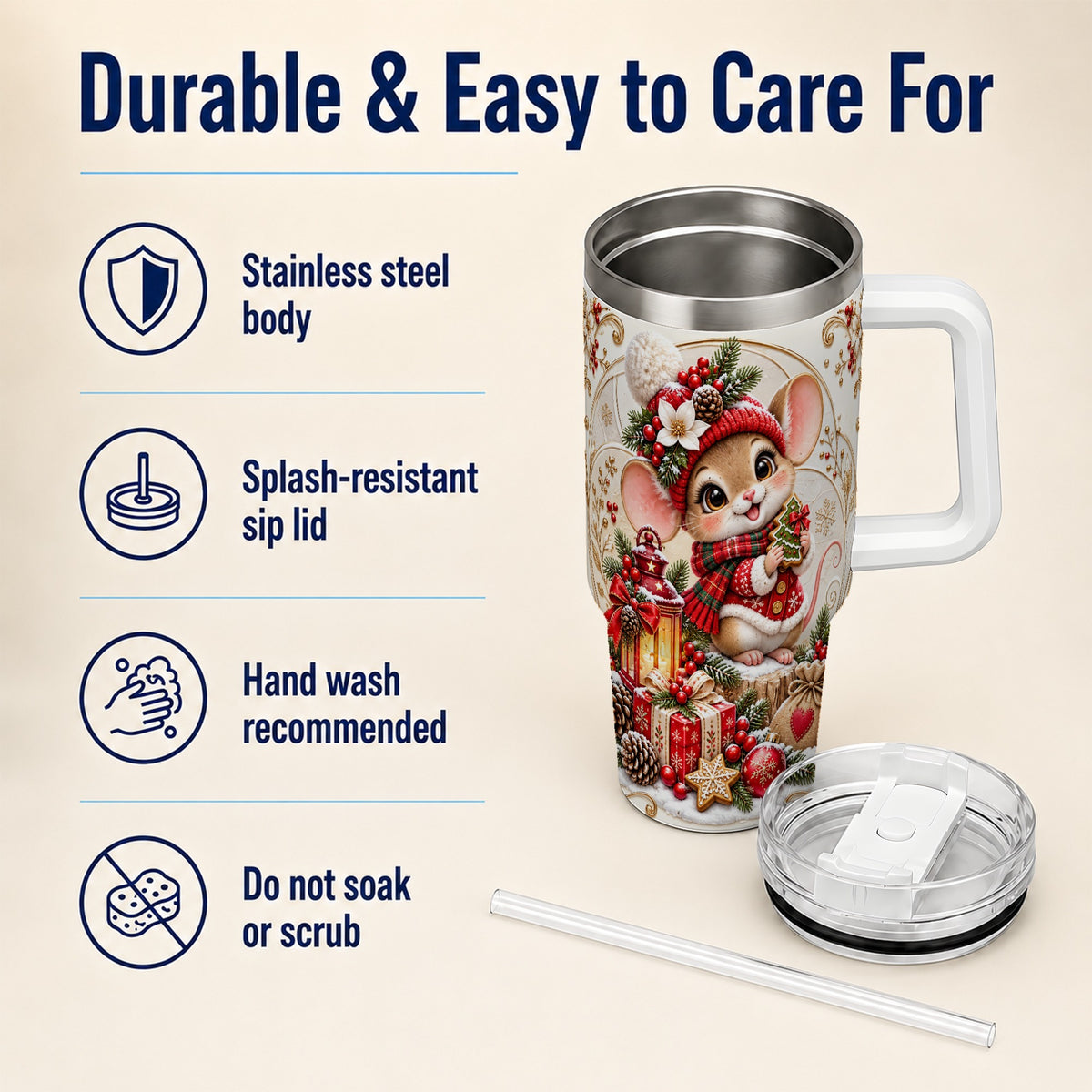 Christmas Mouse 40oz Tumbler with Handle, Stainless Steel Travel Cup