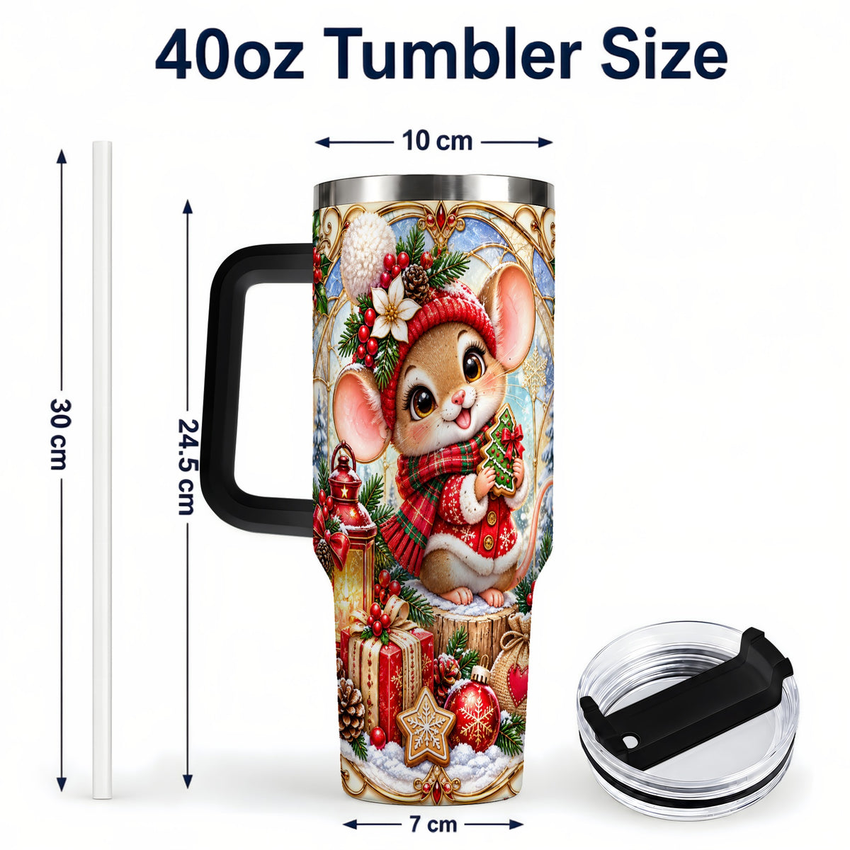 #pl[40oz|Black] Winter Mouse 40oz Tumbler with Handle, Christmas Stainless Steel Travel Cup