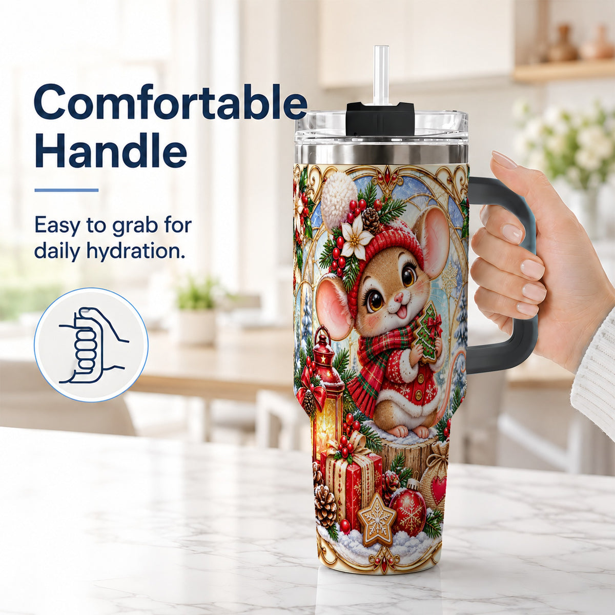 #pl[40oz|Black] Winter Mouse 40oz Tumbler with Handle, Christmas Stainless Steel Travel Cup