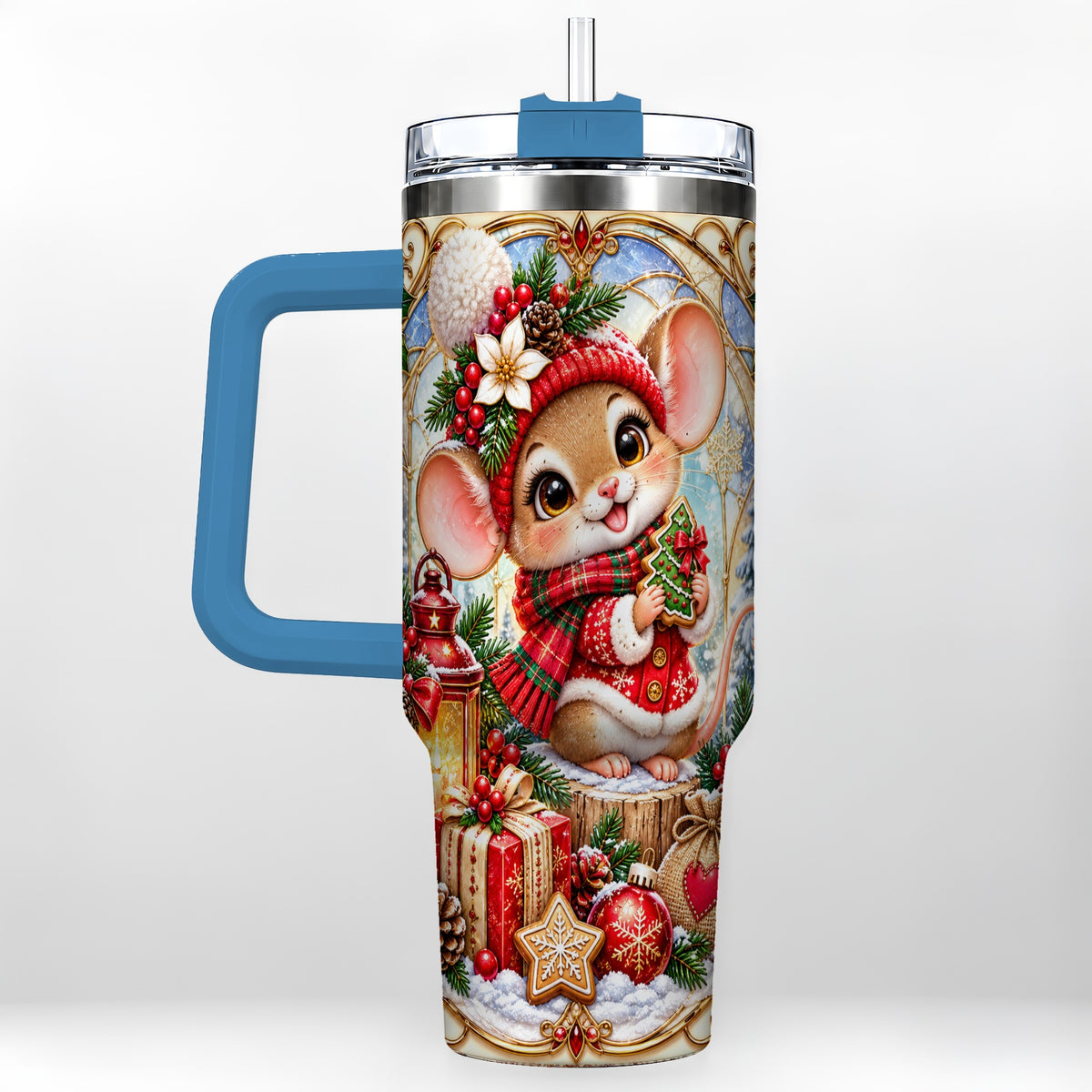 #pl[40oz|Blue] Winter Mouse 40oz Tumbler with Handle, Christmas Stainless Steel Travel Cup