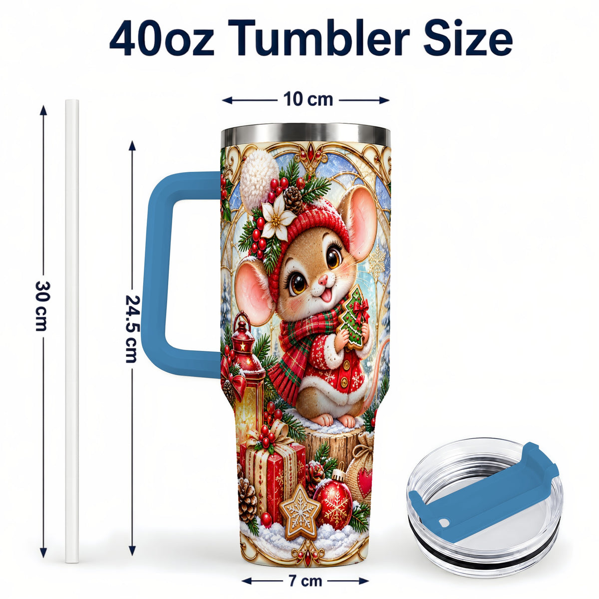 #pl[40oz|Blue] Winter Mouse 40oz Tumbler with Handle, Christmas Stainless Steel Travel Cup