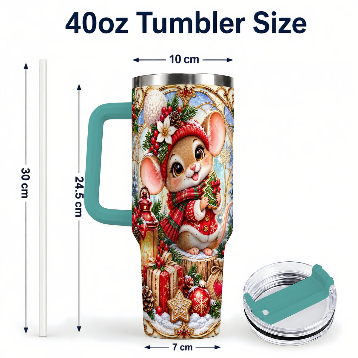 #pl[40oz|Green] Winter Mouse 40oz Tumbler with Handle, Christmas Stainless Steel Travel Cup