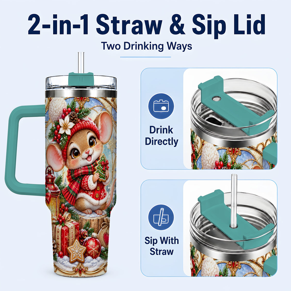 #pl[40oz|Green] Winter Mouse 40oz Tumbler with Handle, Christmas Stainless Steel Travel Cup