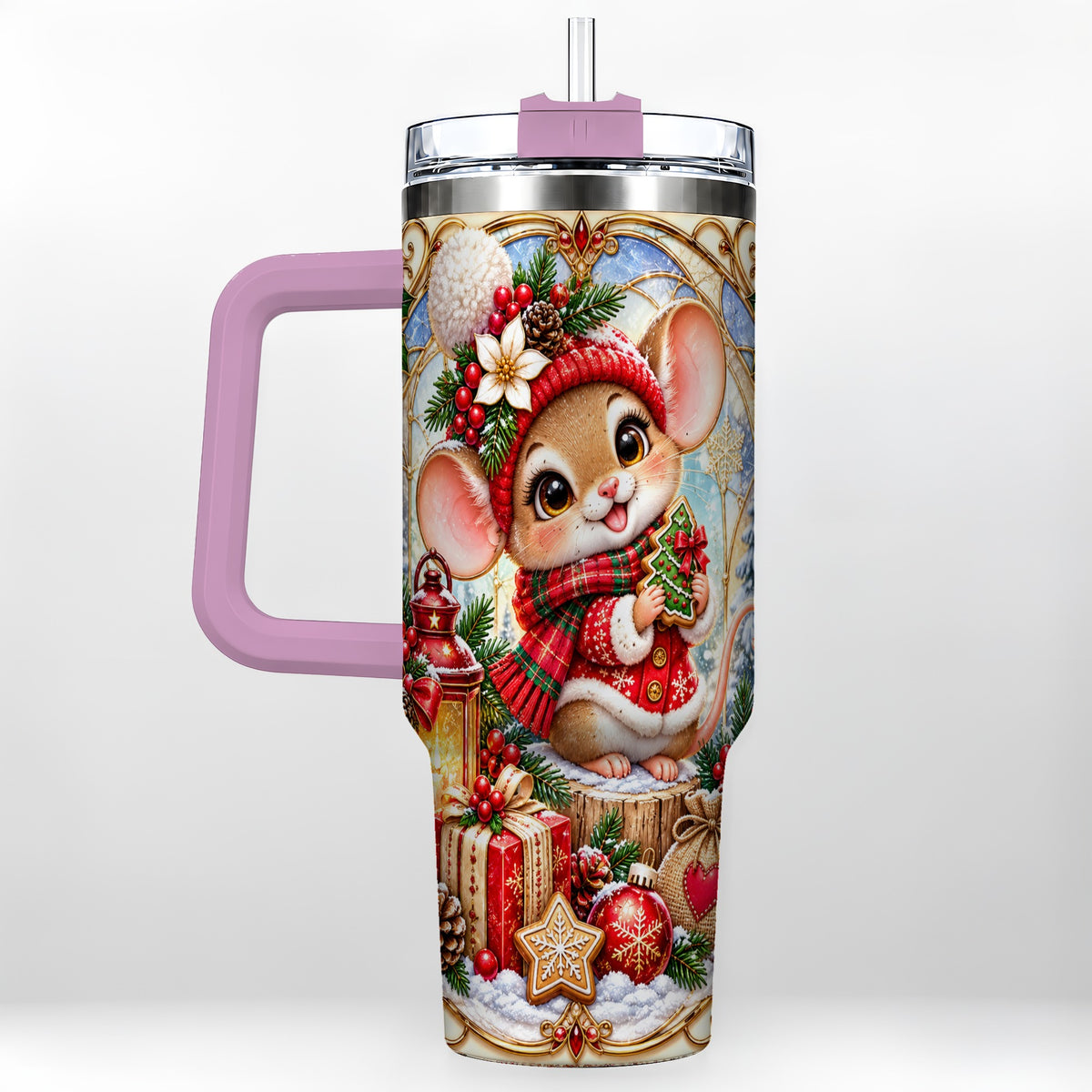 #pl[40oz|Pink] Winter Mouse 40oz Tumbler with Handle, Christmas Stainless Steel Travel Cup