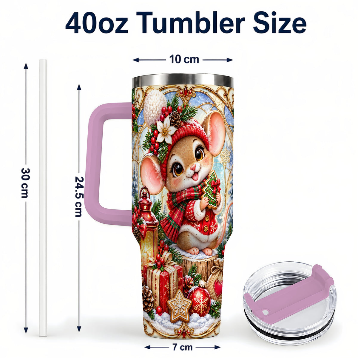 #pl[40oz|Pink] Winter Mouse 40oz Tumbler with Handle, Christmas Stainless Steel Travel Cup