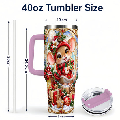 #pl[40oz|Pink] Winter Mouse 40oz Tumbler with Handle, Christmas Stainless Steel Travel Cup
