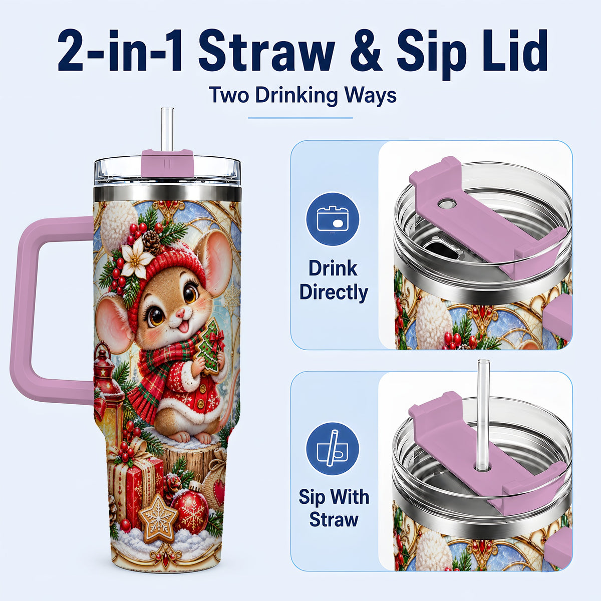 #pl[40oz|Pink] Winter Mouse 40oz Tumbler with Handle, Christmas Stainless Steel Travel Cup