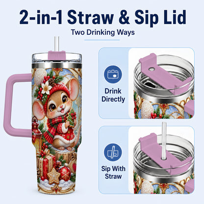 #pl[40oz|Pink] Winter Mouse 40oz Tumbler with Handle, Christmas Stainless Steel Travel Cup