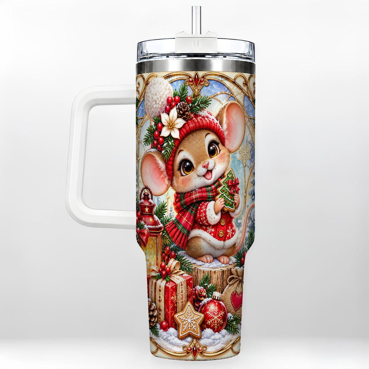 Winter Mouse 40oz Tumbler with Handle, Christmas Stainless Steel Travel Cup