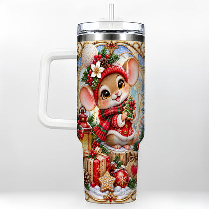 Winter Mouse 40oz Tumbler with Handle, Christmas Stainless Steel Travel Cup
