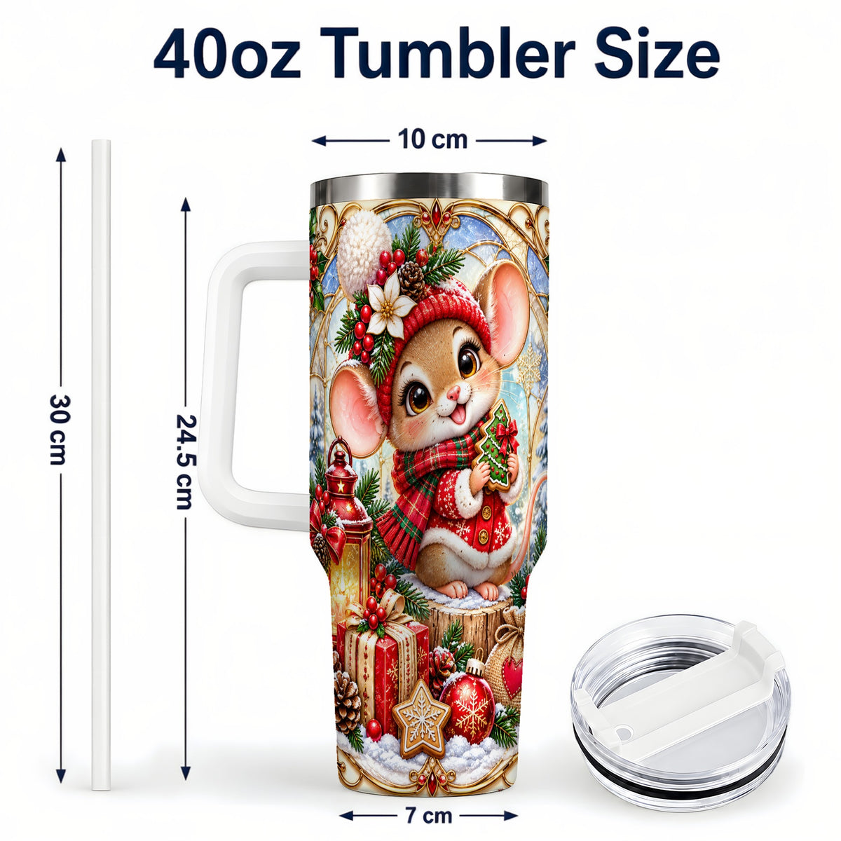 #pl[40oz|White] Winter Mouse 40oz Tumbler with Handle, Christmas Stainless Steel Travel Cup