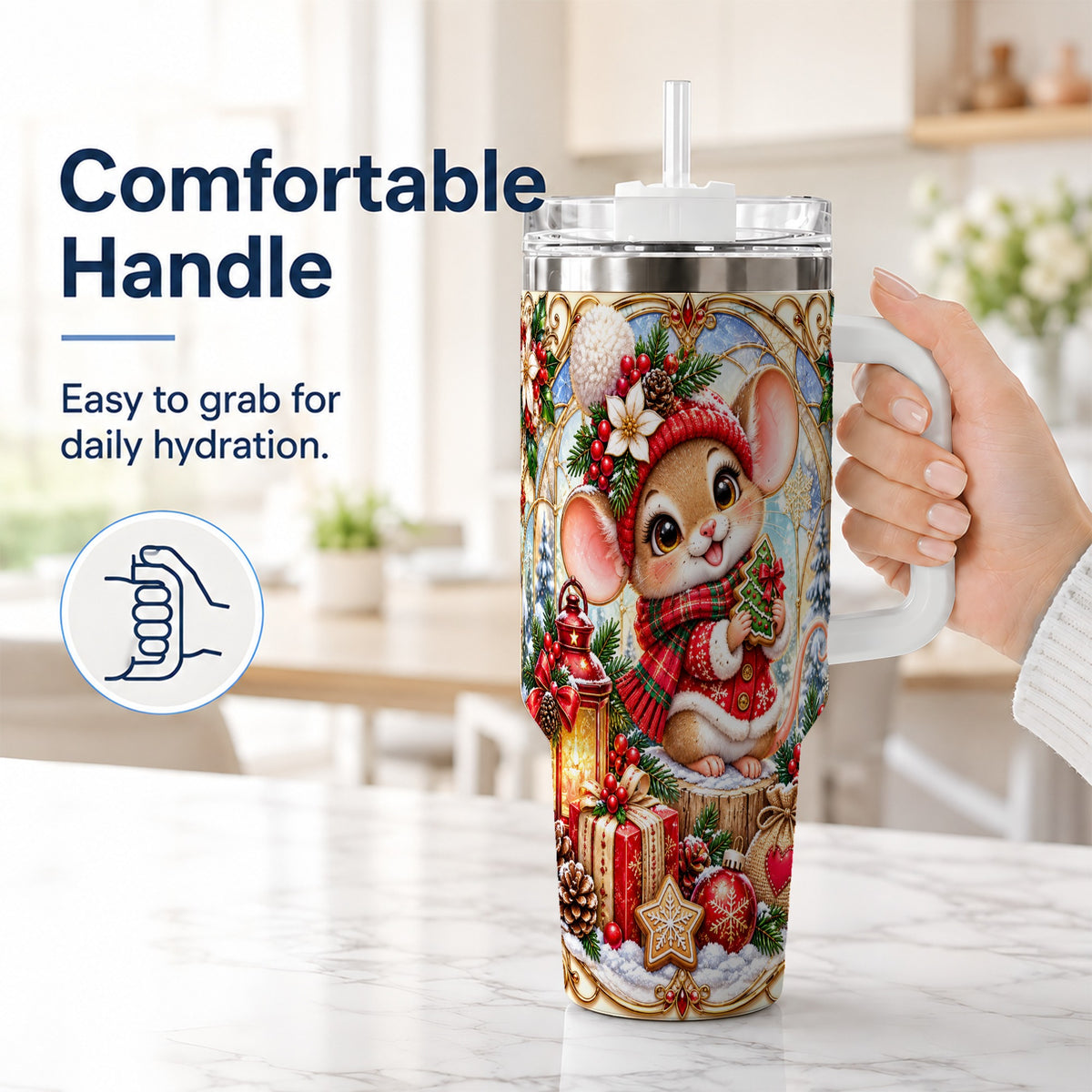 #pl[40oz|White] Winter Mouse 40oz Tumbler with Handle, Christmas Stainless Steel Travel Cup
