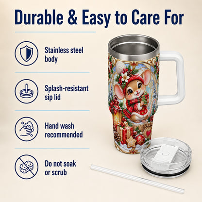 Winter Mouse 40oz Tumbler with Handle, Christmas Stainless Steel Travel Cup