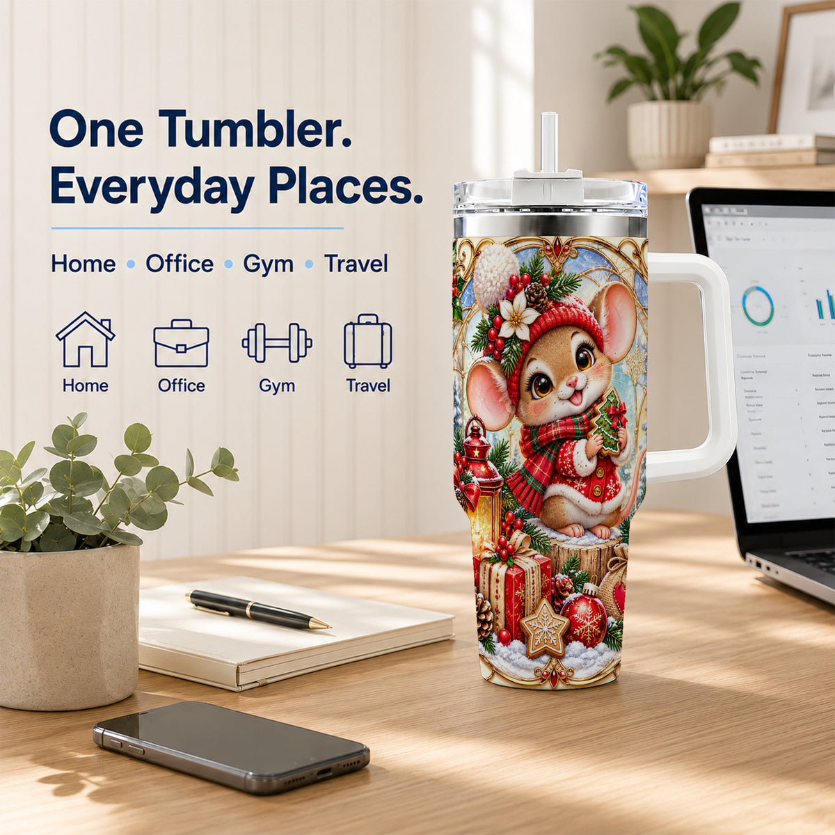 Winter Mouse 40oz Tumbler with Handle, Christmas Stainless Steel Travel Cup