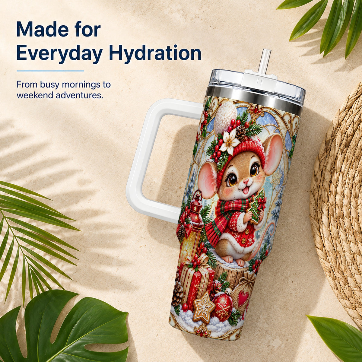 Winter Mouse 40oz Tumbler with Handle, Christmas Stainless Steel Travel Cup