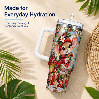 Winter Mouse 40oz Tumbler with Handle, Christmas Stainless Steel Travel Cup