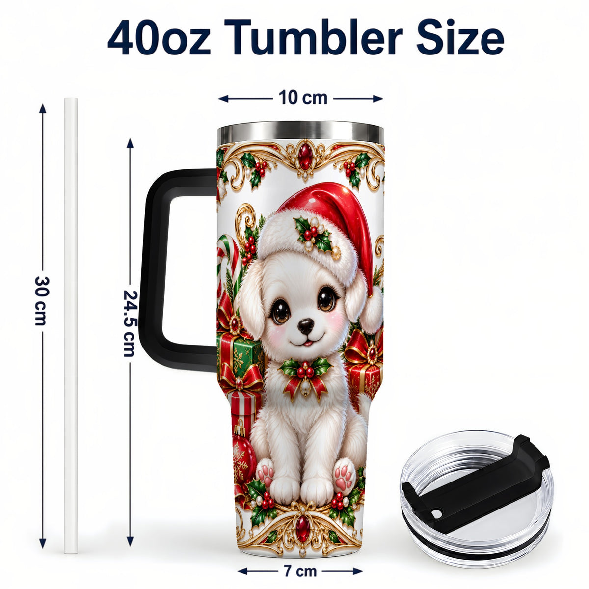 #pl[40oz|Black] Christmas Puppy 40oz Tumbler with Handle, Stainless Steel Travel Cup